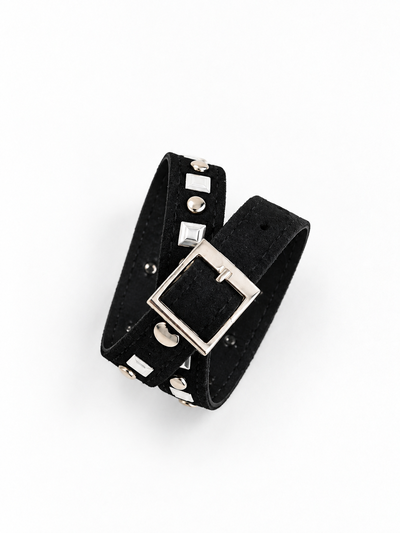PULSERA DOBLE CON TACHAS Y STRASS GAMUZA NEGRA X UNIDAD