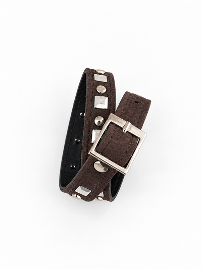 PULSERA DOBLE CON TACHAS Y STRASS GAMUZA CHOCOLATE X UNIDAD