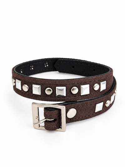PULSERA DOBLE CON TACHAS Y STRASS GAMUZA CHOCOLATE X UNIDAD