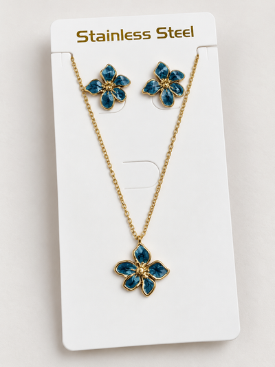 SET COLLAR Y AROS ACERO DORADO DIJE AZUL X SET