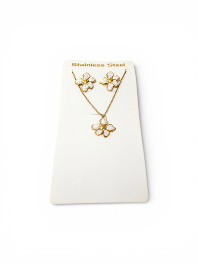 SET COLLAR Y AROS ACERO DORADO DIJE BLANCO X SET