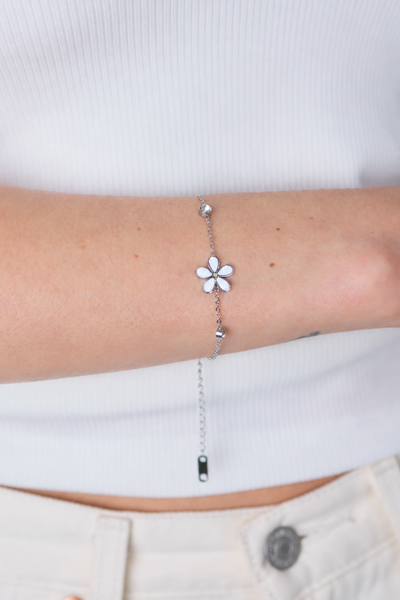 PULSERA ACERO FLOR BLANCA Y STRASS X UNIDAD