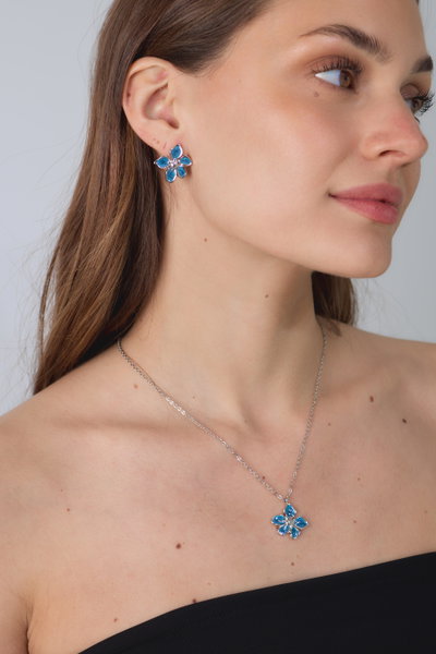 SET COLLAR Y AROS ACERO DIJE AZUL X SET