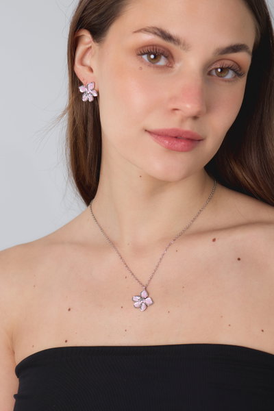 SET COLLAR Y AROS ACERO DIJE ROSA X SET