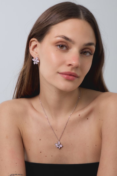 SET COLLAR Y AROS ACERO DIJE ROSA X SET