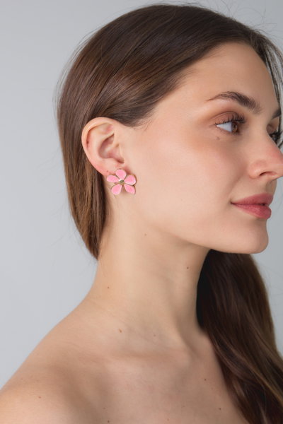 AROS DE ACERO DORADO FLOR ROSA X PAR