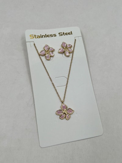SET COLLAR Y AROS ACERO DORADO DIJE ROSA X SET