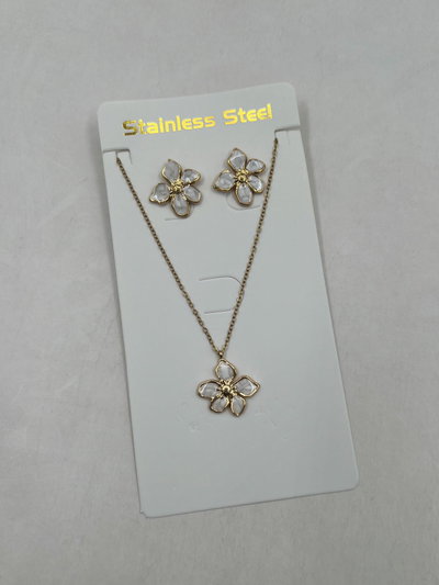 SET COLLAR Y AROS ACERO DORADO DIJE BLANCO X SET