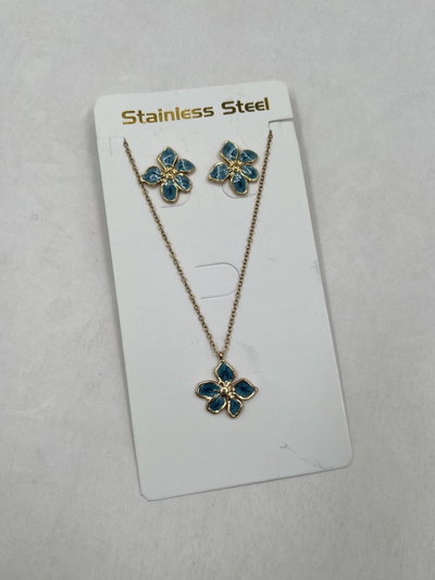 SET COLLAR Y AROS ACERO DORADO DIJE AZUL X SET