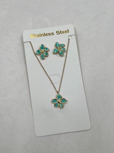 SET COLLAR Y AROS ACERO DORADO DIJE VERDE X SET
