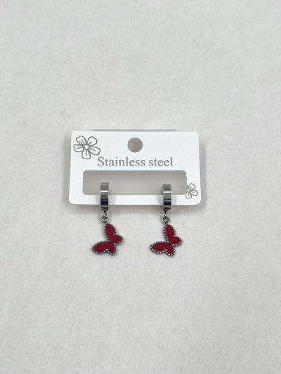 AROS DE ACERO ARGOLLA CON MARIPOSA ROJA X PAR