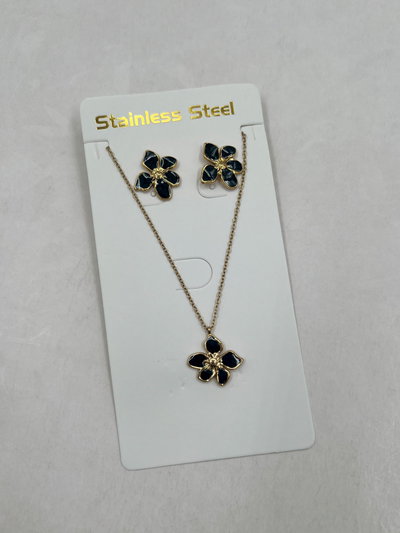 SET COLLAR Y AROS ACERO DORADO DIJE NEGRO X SET