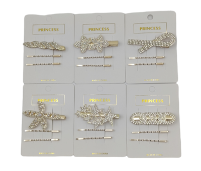 SET HEBILLA C.STRASS Y PAR DE INVISIBLES DORADO X 12 PARES
