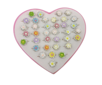 ANILLOS INFANTIL FLOR CON STRASS X 36 PCS ESTUCHE CORAZON