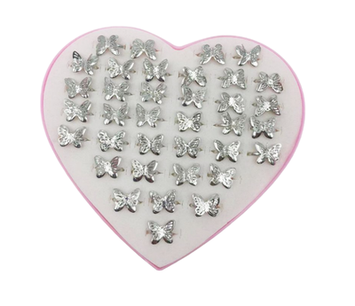 ANILLOS INFANTIL MARIPOSA PLATEADO X 36 PCS ESTUCHE CORAZON
