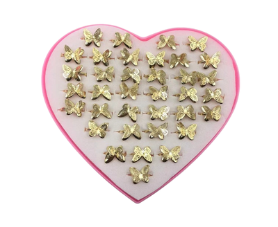 ANILLOS INFANTIL MARIPOSA DORADO X 36 PCS ESTUCHE CORAZON