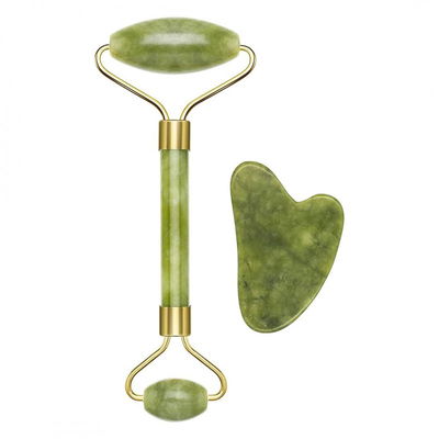 KIT MASAJEADOR RODILLA FACIAL DE PIEDRA JADE + GUA SHA