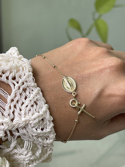 Pulsera denario plata dorada medalla milagrosa y cruz lisa