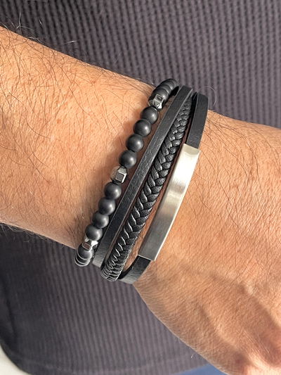 Pulsera de cuero Pu combinado con piedras naturales y partes con acero quirúrgico 