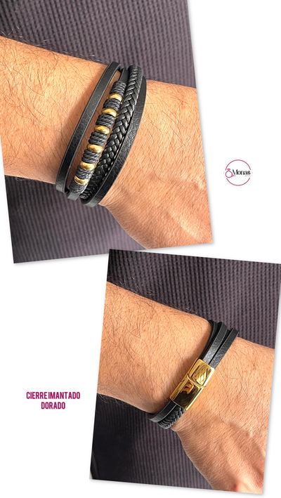 Pulsera de cuero Pu combinada con detalles en acero dorado 