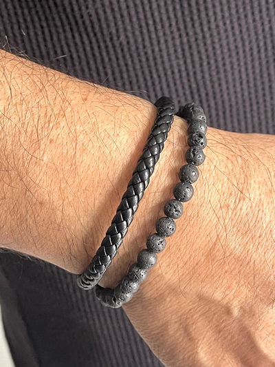 Pulsera de cuero Pu combinada con piedras naturales ónix negro opacos 
