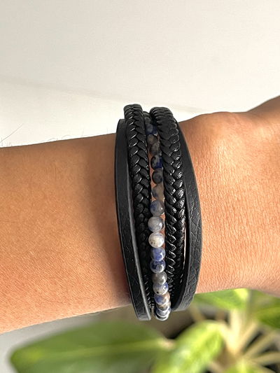 Pulsera de cuero Pu con piedras naturales modelo unisex 