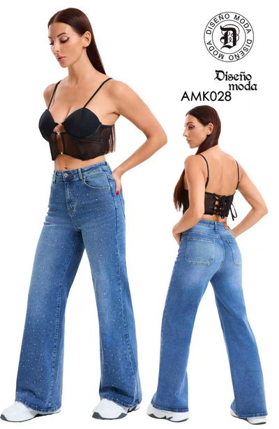 PANTALON LARGO CON STRASS JEAN MUJER TALLE 36-46 BULTO：12 UNI