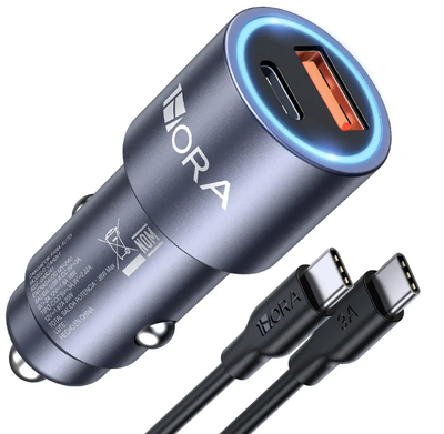 CARGADOR TURBO 38W PARA AUTO PD20W SALIDA TIPO C / USB CON CABLE TIPO C - TIPO C GAR241G