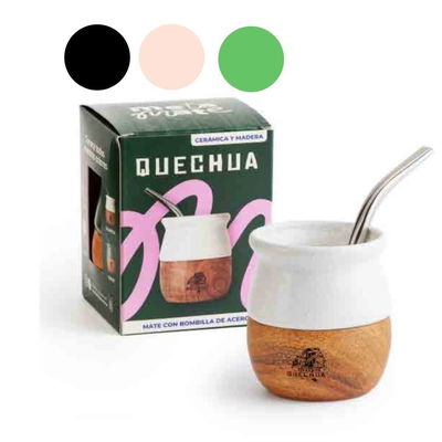 QUECHUA MATE CERAMICA Y MADERA CON BOMBILLA ACERO