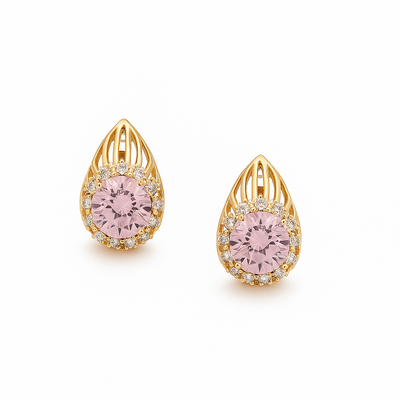 Aros Lágrima Dorados con Piedra Rosa y Brillo Elegante -J101