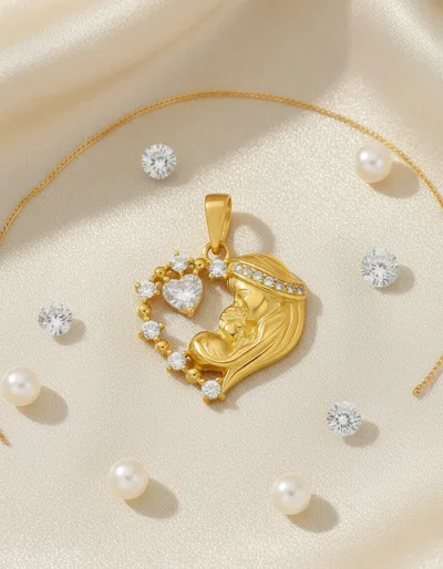 Dije Virgen María con Niño Jesús en corazón de Circonias