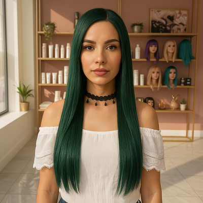 Peluca Verde Glam / Lacio/ Hilo Premium HD/80CM