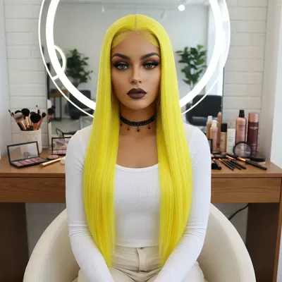 Peluca Amarillo/ Lacio/ Hilo Premium HD/80CM