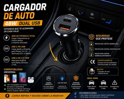 CARGADOR DE AUTO 48W DUAL USB. 🔌