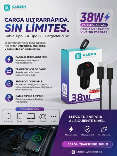 Cargador de Auto Karsen Atomic 38W Tipo C. ⚡📱
