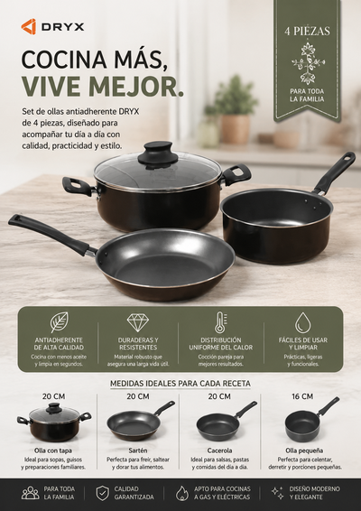 SET Combo de 4 Piezas ORYX - Ollas y Sartenes Antiadherentes 🍳
