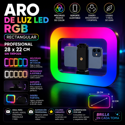 ARO Luz LED SELFIE 28X22 RGB SIN TRIPODE Rectangular. 🌈💡