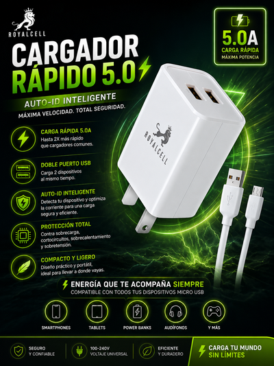 CARGADOR ROYALCELL DOBLE USB 5.0A. 🔌