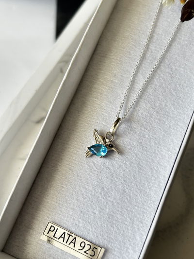 Collar Colibri Cubic Gota Celeste de Plata 925