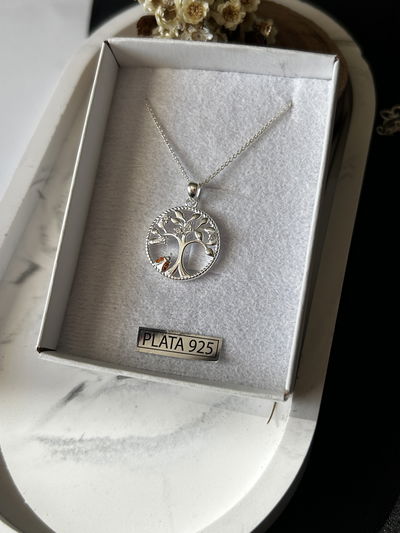 Collar Árbol de la vida y vaquita de san antonio naranja de Plata 925