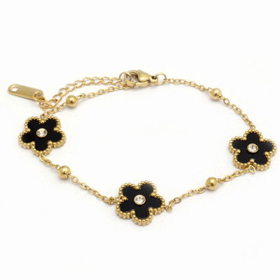 Pulsera Dorada Flor Negro Y Bolitas 18 A 21Cm