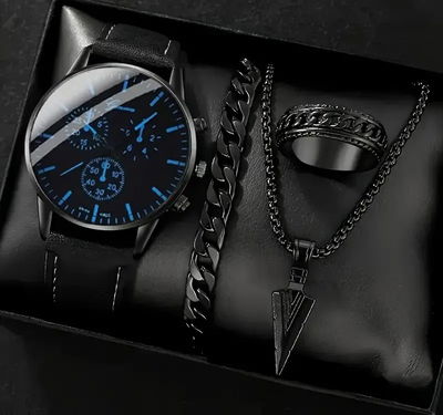 Conjunto Reloj Anillo Pulsera Colgante Hombre Black Edition