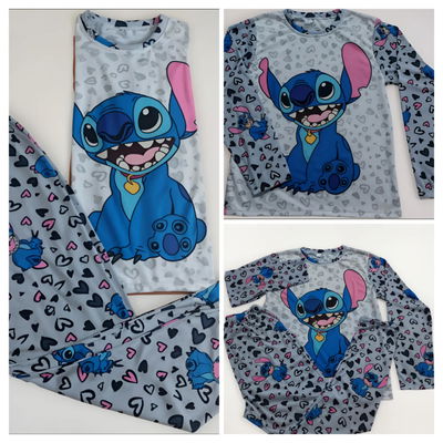 Pijama Stich Gris corazones Talle 2 3 y 4