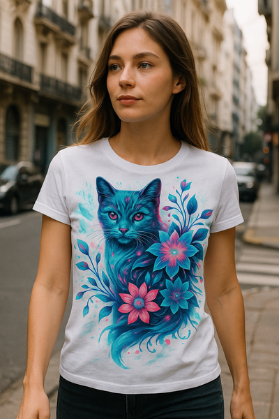 Remera Ilustrada “Mirada Felina” | Gato con Flores