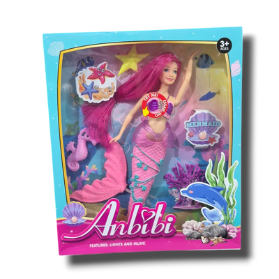 Muñeca Sirena Anbibi con Luz y Música + Accesorios Acuáticos +3 Años