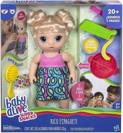 Muñeca Baby Alive Super Snacks: Rico Espagueti +20 Sonidos y Frases