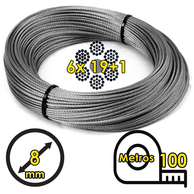 Cable De Acero Galvanizado Flexible 6x19+1 8mm Rollo 100mts