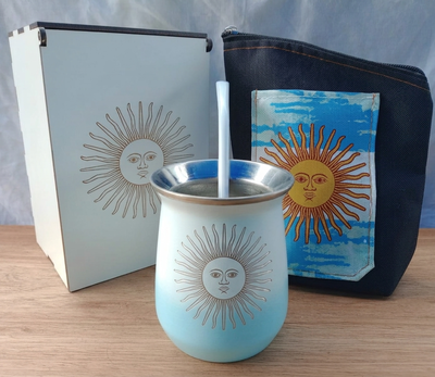 Set mate acero + yerbera + caja de regalo 