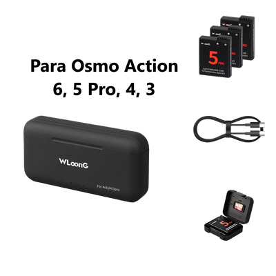 Estuche Cargador + 3 Baterías WLoong para Osmo Action 3 / 4 / 5 / 6