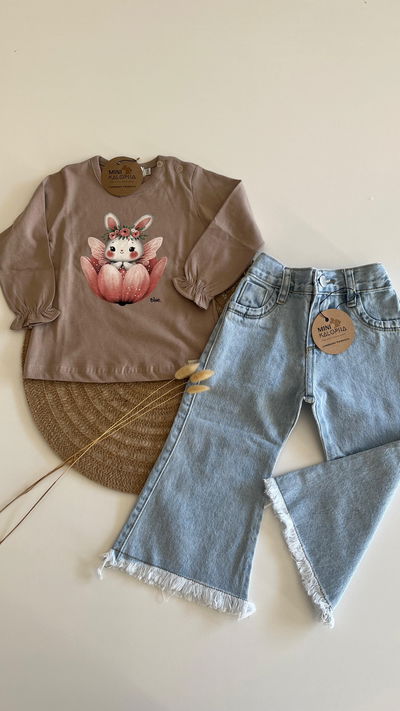 Jeans wide celeste flecos